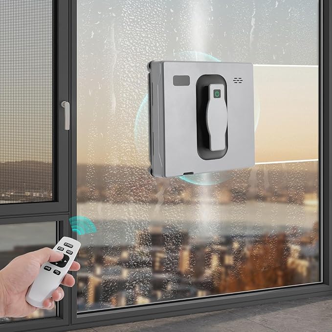 Window Cleaning Robot, Automatic Cleaner, 8.5 * 8.5 * 2.7in 2500Pa Window Cleaner Robot with Dual Water Spray, App and Remote Control, for Home, Office Building (Silver Gray)