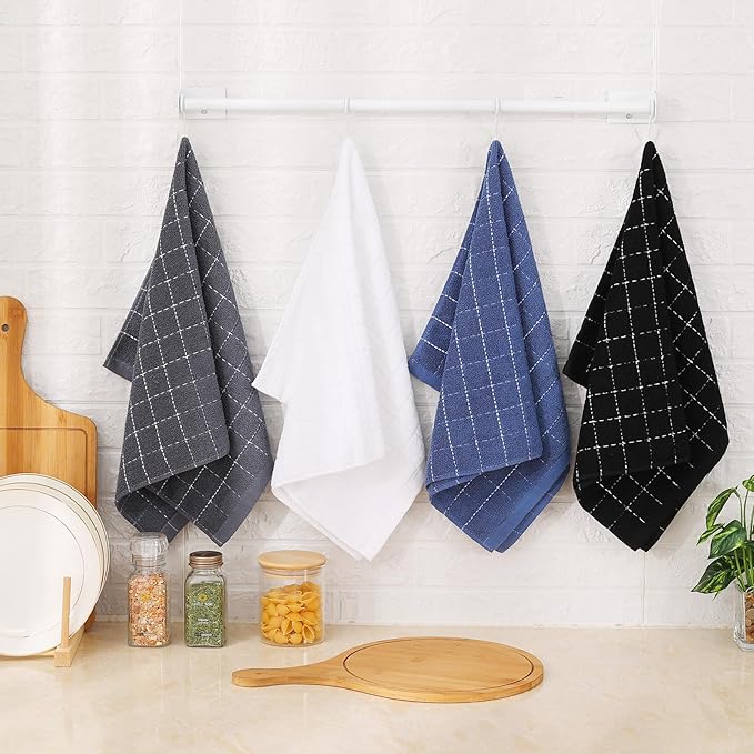 Mordimy 100% Cotton Terry Cloth Kitchen Towels, Super Soft and Absorbent Dish Towels for Drying, Checkered Designed Hand Towels for Kitchen, 16 x 26 Inches, 8 Pack, Grey