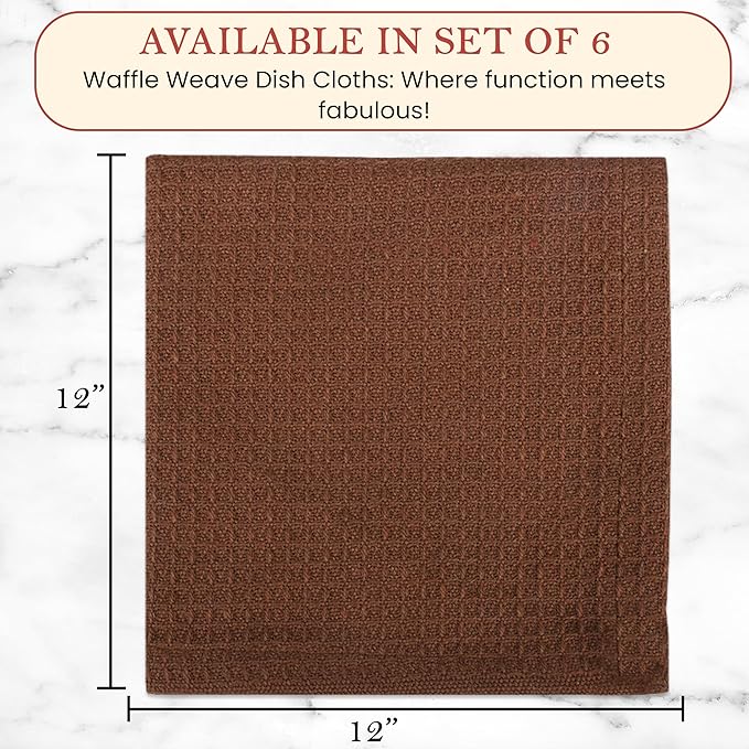 Vintage Vista 100% Cotton Waffle Dish Cloths (Pack of 6) - Dish Rags for Washing Dishes - Reusable & Highly Absorbent Kitchen Towels - Kitchen Rags for Christmas - (12" x 12" - Brown)