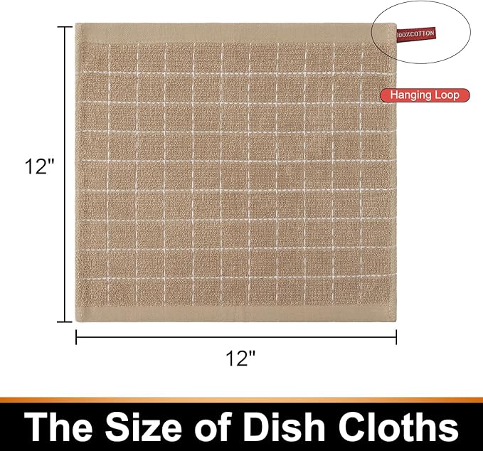 Mordimy 100% Cotton Terry Cloth Dish Cloths, Soft and Absorbent Checkered Dish Towels, Quick Drying Dish Rags for Washing Dishes, 8 Pack, 12 x 12 Inches, Tan