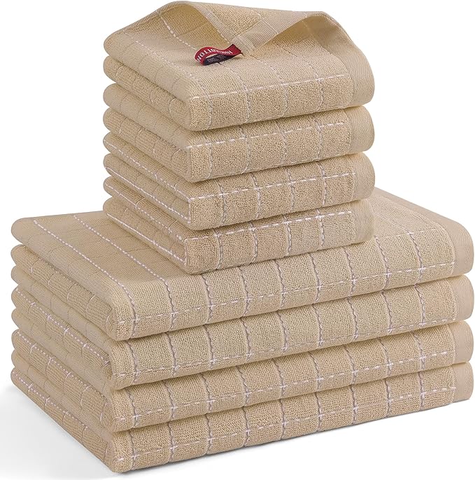 Mordimy 100% Cotton Terrycloth Kitchen Towels and Dishcloths Sets, Soft and Absorbent Checkered Dish Towels, Quick Drying Dish Rags for Washing Dishes, 4 Pack 16" x 26" & 4 Pack 12" x 12", Tan