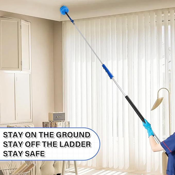 30 FT High Reach Cleaning Kit with 7-30 Foot Telescoping Extension Pole, Flexible Ceiling Fan Duster, Microfiber Feather Duster, Cobweb Duster & Window Squeegee & Washer