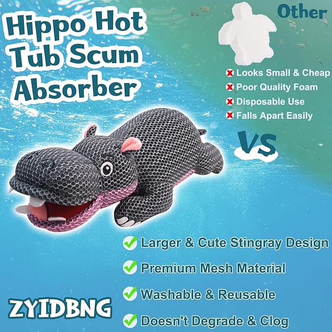 Hippo Hot Tub Scum Absorber Reusable Washable Scum Absorber for Spa Hot Tub Accessories Pool Oil Absorbing Sponge (1 Pack, Hippo)