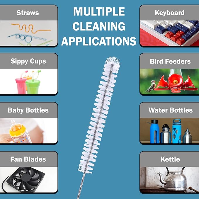 Strong 'n Flex Nylon Straw Cleaner Brushes – Fan-Shaped End for Tight Spaces, Ideal for Reusable Straws, Water Bottles, Sippy Cups & Pipes – Includes Zippered Pouch – 12" Long – Set of 10