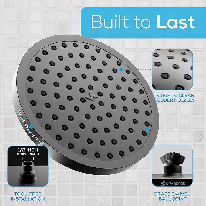 SparkPod Shower Head - High Pressure Rain - Premium Quality Luxury Design - 1-Min Install - Easy Clean Adjustable Replacement for Your Bathroom Shower Heads (Midnight Black Matte, 8 Inch Round)