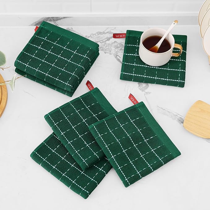 Mordimy 100% Cotton Terry Cloth Dish Cloths, Soft and Absorbent Checkered Dish Towels, Quick Drying Dish Rags for Washing Dishes, 8 Pack, 12 x 12 Inches, Dark Green