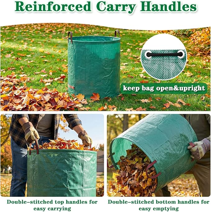 FEED GARDEN 72 Gallon Reusable Yard Waste Bags, 3 Pack Heavy Duty Lawn and Leaf Bags with 4 Reinforced Handles Stand Up for Leaves Grass Clippings Debris Includes Gardening Gloves