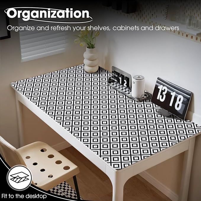 Drawer and Shelf Liner, Non-Slip Kitchen Cabinet Liners Non-Adhesive Thick Strong Grip Waterproof Washable Mats Protect Dresser Shelves Cupboard Bathroom Cabinets, Black & White, 24 in X 20 FT