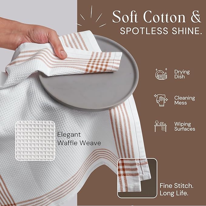 Waffle White & Brown 4 Pack Kitchen Towels Set, 100% Cotton, 16x26 inches, Professional Quality Cleaning Towel for Bar, Home, Restaurant Use, Absorbent Dish Cloths for Drying Dishes
