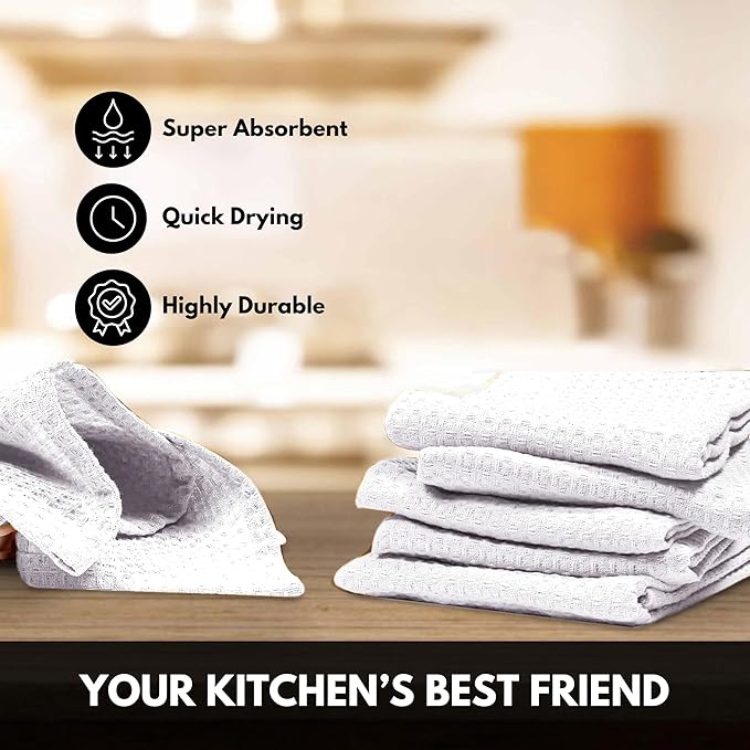 White Waffle Kitchen Dish Towels 100% Cotton, Soft, Absorbent, Quick Drying, Multipurpose Use, Bar & Hand Towels, 16x26 Inches, Durable, Machine Washable, Reusable, Set of 12