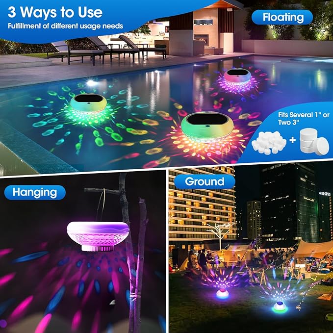 Pool Chlorine Floater, Solar Floating Pool Lights with USB Charging, 2600mAh 6.7 Inch IP68 Waterproof 13 Colors Upper Lower Glow Floating Lights, Adjustable Chlorine Dispenser for 1" & 3" 4 Pack