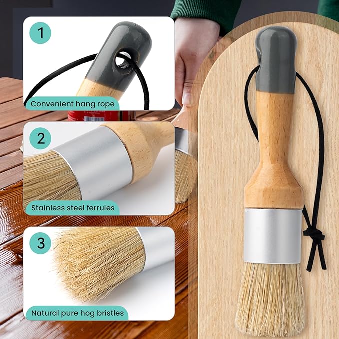 Mister Rui Chalk Wax Paint Brush, 5pcs, Wax Brushes for Waxing and Stenciling, Natural Bristles Round Paint Brushes, Ideal for DIY Home Decor, Art Crafts