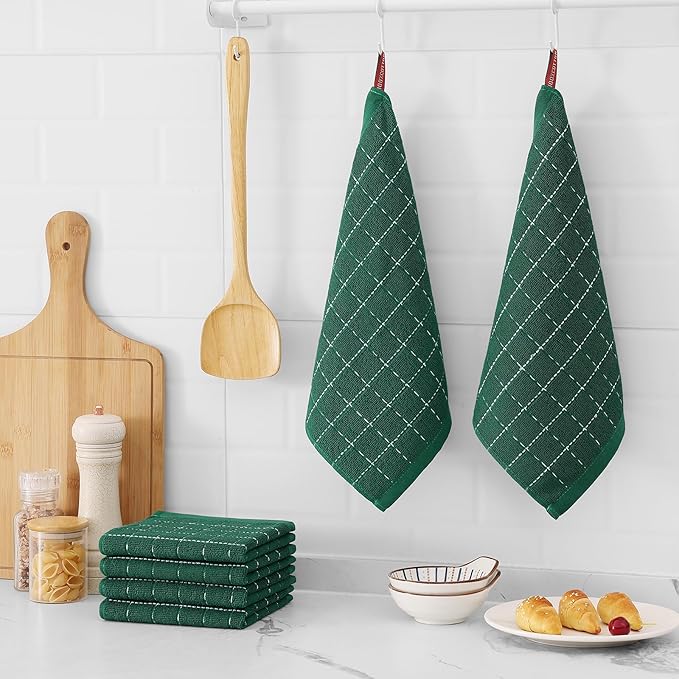 Mordimy 100% Cotton Terry Cloth Dish Cloths, Soft and Absorbent Checkered Dish Towels, Quick Drying Dish Rags for Washing Dishes, 8 Pack, 12 x 12 Inches, Dark Green