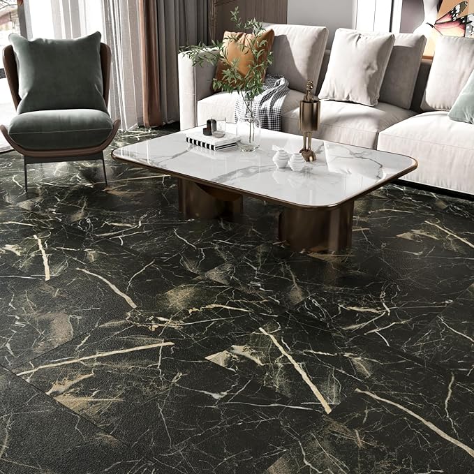 Marble Black Vinyl Flooring Tiles Peel and Stick Floor Tile 12''x12'' Self Adhesive Waterproof Floor Stickers for Kitchen Bathroom Decorative Flooring Sheets for Bedroom Basement RV Sticky Tiles 16PCS