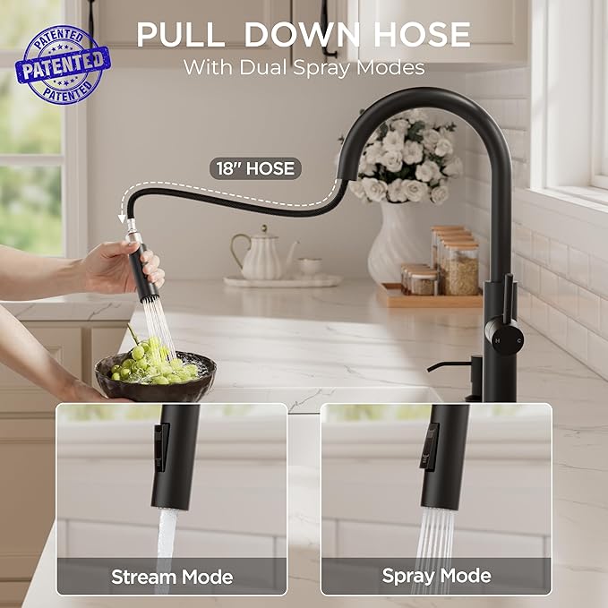 FORIOUS Kitchen Faucet with Pull Down Sprayer, Classic Matte Black, Single Handle High Arc Stainless Steel Kitchen Sink Faucet, 1 or 3 Hole Deck Mount for RV, Bar, Farmhouse, Laundry, Outdoor