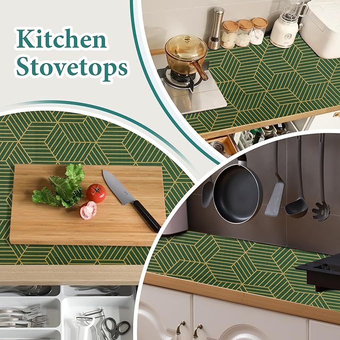 Shelf Liners for Kitchen Cabinets 17.5in x 20FT, Non Adhesive Cabinet Liner Strong Non-Slip Thickened Gold Green Geometric Drawer Liner, Easy to Clean for Shelf, Cabinet with Knife and Tape Measure