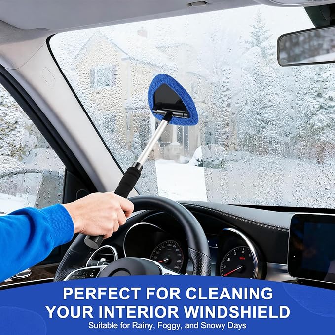 JUSTTOP Windshield Cleaner Tool, Car Interior&Exterior Window Cleaning Tool with Extendable Handle & 4 Reusable Microfiber Pads, Auto Glass Wiper Brush Kit for Cars (Blue)