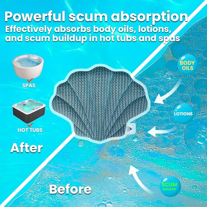 Hot Tub Scum Absorber 2-Pack for Spa & Pool – Oil Absorbing Seashell Clean Pad, Hot Tub Accessories for Adults, Scum Remover for Hot Tub Cleaner, Spa Scum Sponge for Oil, Foam