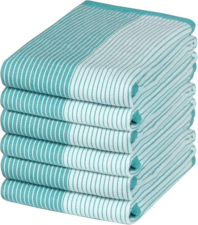 Premium Kitchen Towels (20”x 28”, 6 Pack) | Yarn Dyed Flat Woven Stripe Kitchen Towel Set| 238 GSM | Highly Absorbent with Hanging Loop | Aqua