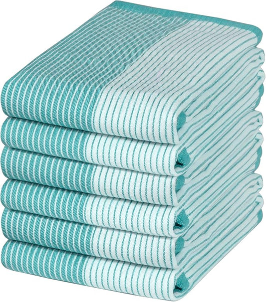 Premium Kitchen Towels (20”x 28”, 6 Pack) | Yarn Dyed Flat Woven Stripe Kitchen Towel Set| 238 GSM | Highly Absorbent with Hanging Loop | Aqua