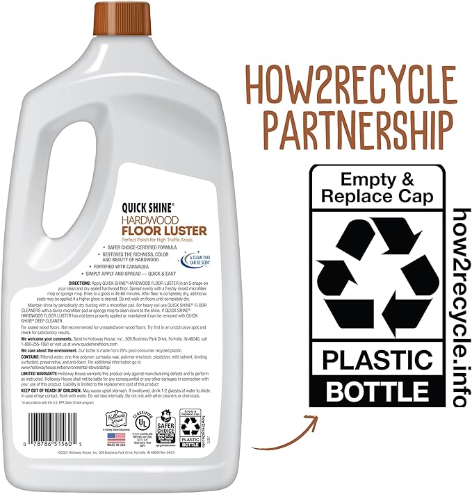 Quick Shine Hardwood Floor Luster-Polish 64oz | Plant-Derived w/Carnauba | Safer Choice, No PFAS, pH Neutral | Ready to Use Formula w/Anti-Slip Technology | Simply Squirt & Spread | Made in USA