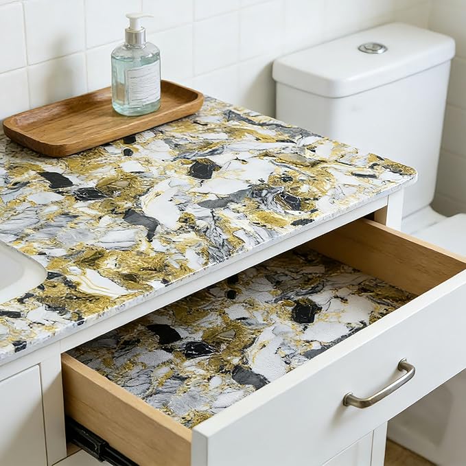 Drawer and Shelf Liner - Yellow Black Marble Pattern,Non Adhesive Non Slip Waterproof Easy-Clean Liner for Kitchen Cabinet, Refrigerator, Bathroom, Pantry Storage Drawers, 12 in x 10 Ft