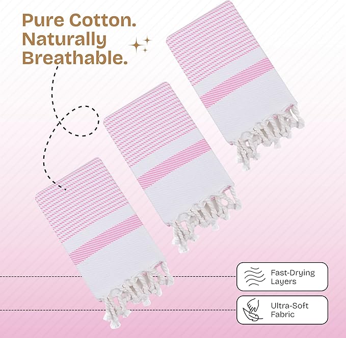 Pink Turkish Kitchen Towels 16x26 Inch, 5 Pack, 100% Cotton, Ultra Absorbent, Soft, Fast Dry, Machine Washable, Dish Towel with Tassels for Drying Dishes, Cleaning, Everyday Use