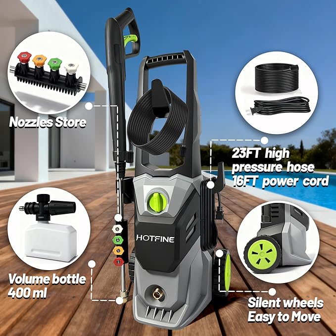 Pressure Washer, Power Washer with Foam Cannon High Pressure Washer for Cars, Decks, Fences, Patios and Driveway,Decks,High Pressure Cleaning Machine with 4 Nozzles