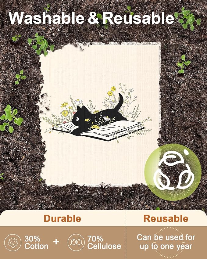 Swedish Dishcloths for Kitchen with Hooks - Reusable Dish Cloths for Washing Dishes Fast Drying Cute Fun 5 Pack Swedish Dish Towels Washable Cleaning Sponge, Black Cats