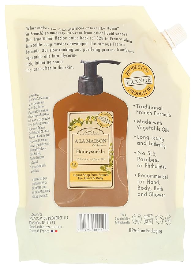 A LA MAISON Honeysuckle Natural Hand Wash Made with Essential Oils - Biodegradable, Plant-Based, Vegan, Cruelty-Free (33.8 Fl Oz Refill Pouch)