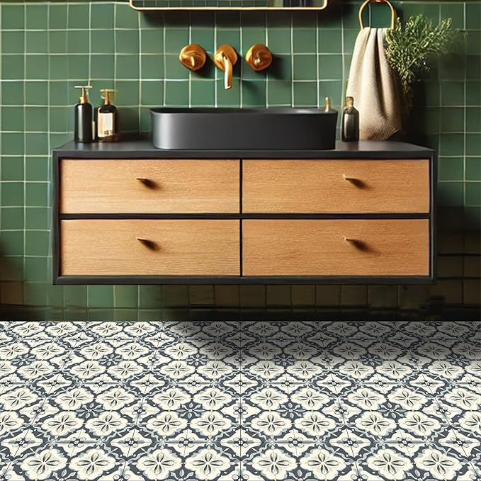 10PCS 12x12 Inch Gray Blue Vintage Floral Peel and Stick Floor Tiles Removable Self Adhesive Vinyl Flooring Stickers for Bathroom Kitchen Entryway Home Decor