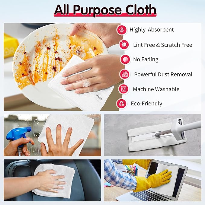 FIXSMITH White Microfiber Cleaning Cloth -Pack of 12, Highly Absorbent Cleaning Rags, 16"X12" All Purpose Cleaning Towels for Housekeeping, Kitchen, Car, Lint Free and Reusable Microfiber Towels