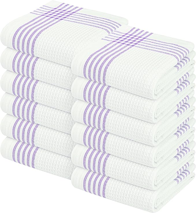 Waffle White & Lavender Kitchen Dish Towels 12 Pack, 100% Cotton, 16"x26", Thick Hand Towel for Drying Dishes, Quick Dry Washcloths, Perfect for Bar, Cooking, Serving, Cleaning