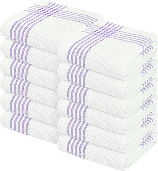 Waffle White & Lavender Kitchen Dish Towels 12 Pack, 100% Cotton, 16"x26", Thick Hand Towel for Drying Dishes, Quick Dry Washcloths, Perfect for Bar, Cooking, Serving, Cleaning