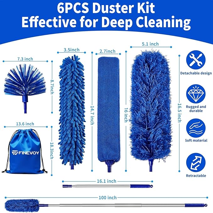 Duster 6-in-1 Kit, Duster with Extension Pole 100 Inches, Dusters for Cleaning, Cobweb Duster, Microfiber Feather Dusters for High Ceilings and Fans, Blinds, Cars and Furniture