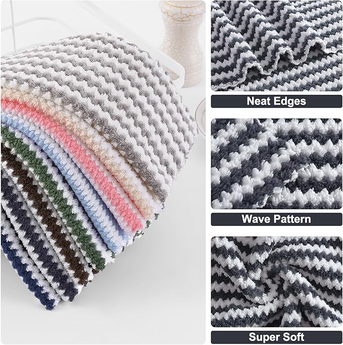 Homaxy 12 Pack Kitchen Dish Cloths, Ultra Soft and Absorbent Dish Towels, Reusable Fast Drying Microfiber Cleaning Cloth, Coral Velvet Wave Design No-lint, 10 x 10 inches, Dark Grey/Navy Blue/Beige