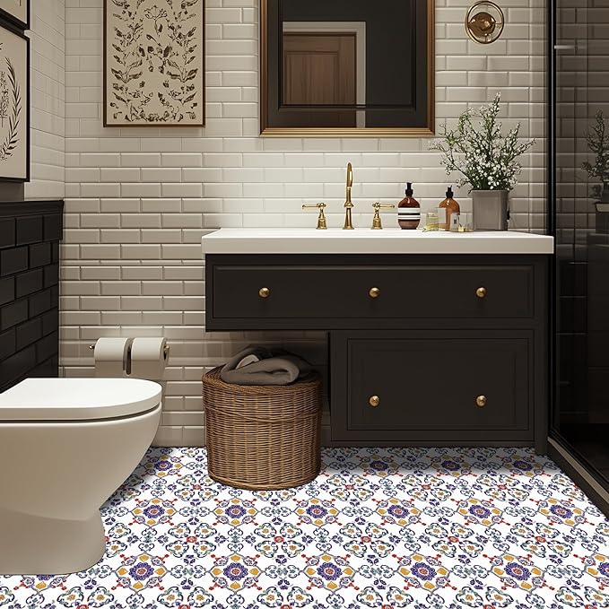 10PCS 12x12 Inch Vintage European Floral Peel and Stick Floor Tiles Removable Self Adhesive Vinyl Flooring Stickers for Entryway Kitchen Living Room Decor