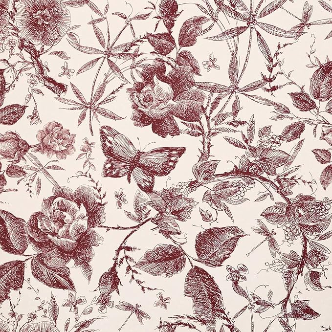 Drawers Liner Contact Paper for Dresser Peel and Stick Wallpaper Sketched Design 15.7x787.4in Self Adhesive Removable Red Maroon Rose Floral Butterfly Vintage Cabinet Shelf Renter Friendly