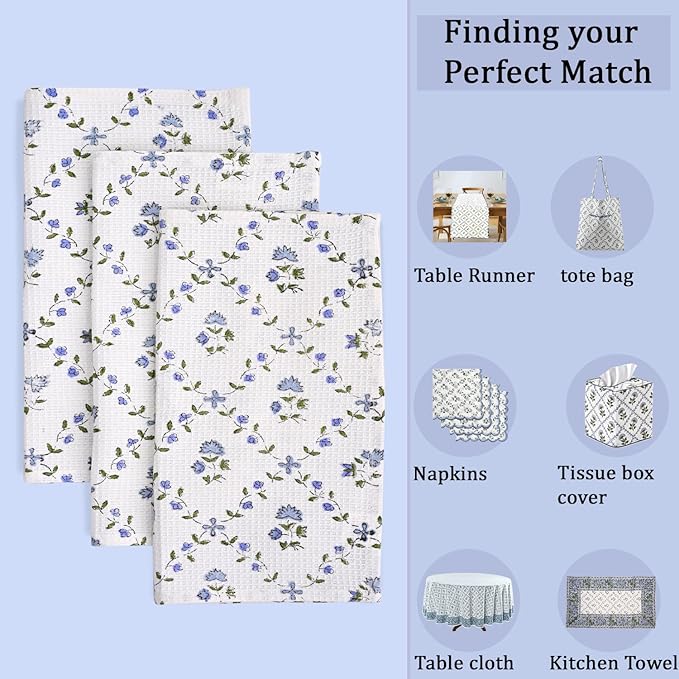 Ridhi Powder Blue Hand Block Print Cotton Waffle Dish Cloth Set of 6-12x12 Inch Super Absorbent, Soft, Reusable Kitchen Towels for Dish Drying Cleaning, Ideal for Spring, Easter, Valentine