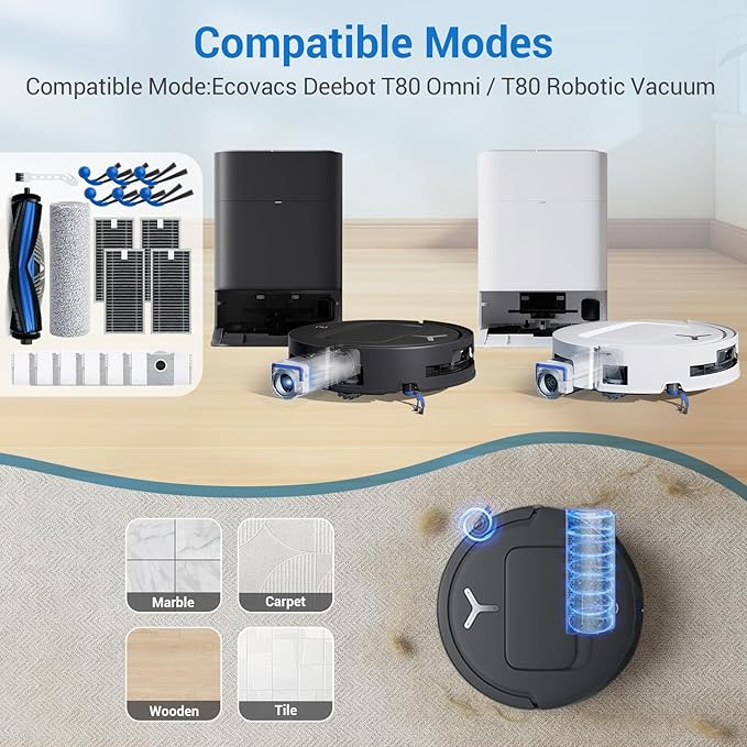 T80 Omni Replacement Parts for Ecovacs Deebot T80 Omni T80 for Yeedi M14 Plus Robotic Vacuum Cleaner Parts with 1 Roller,1 Mop,4 HEAP,6 Dust Bag,6 Side Brush,1 Clean Brush Accessories