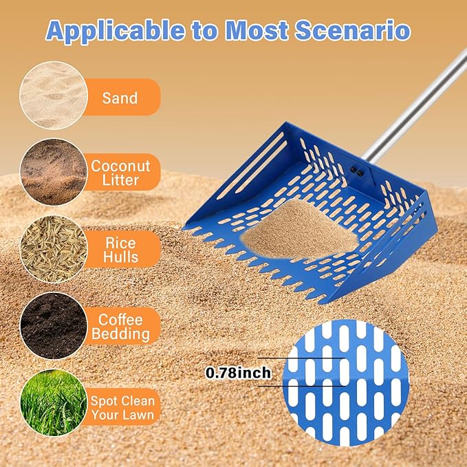 2-in-1 Chicken Poop Scooper & Rake, 10 Inch Coop Sand Sifting Shovel with 37" to 65" Adjustable Stainless Steel Handle, Litter Cleaning Tools with Gloves for Chicken Coop Farm Animals (Blue)