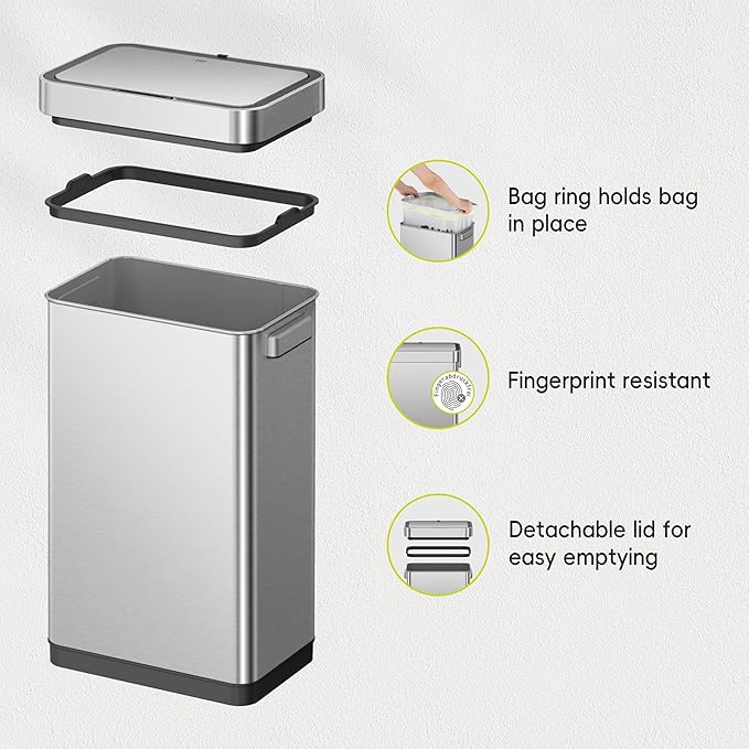 EKO Deluxe Mirage-T 50 Liter / 13.2 Gallon Touchless Rectangular Motion Sensor Trash Can, Matte Stainless Steel Finish