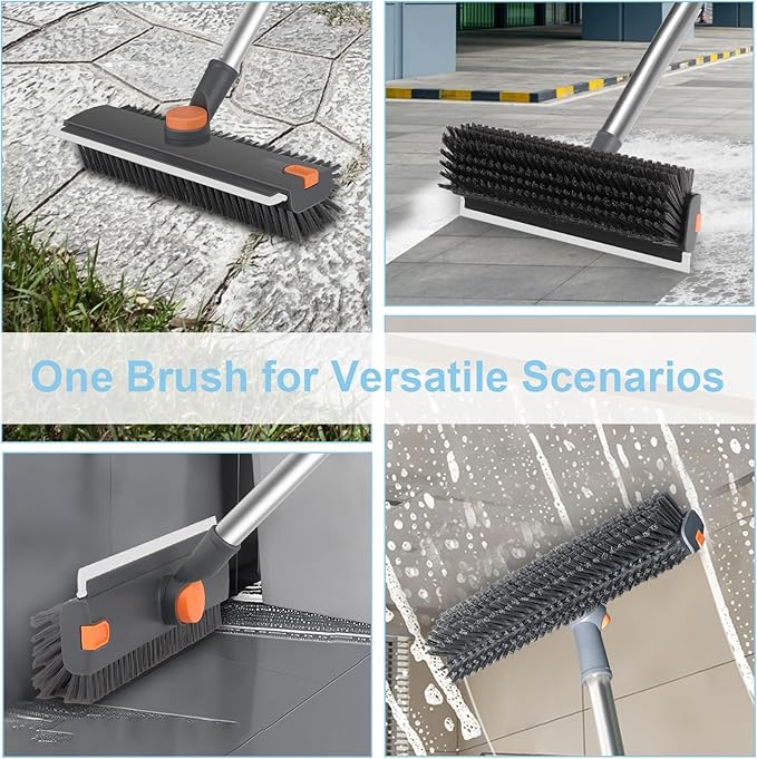 Floor Scrub V Brush with Long Handle 4 in 1 Silicone Scrape and Stiff Bristle Scrubber 360° Cleaning Brush with Tweezers for Shower Bathroom, Patio, Garage, Kitchen, Wall and Deck