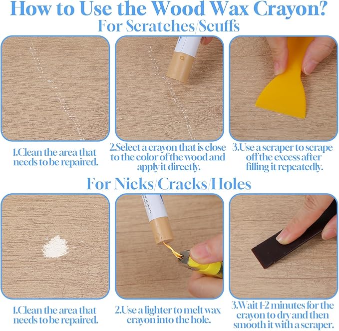 30+2Pieces Wood Filler Sticks, 30 Colos Wood Filler Putty Wax Crayons Furniture Repair Kit Putty Stick for Baseboard Cabinets Furniture Floors(with 2 Scrapers)