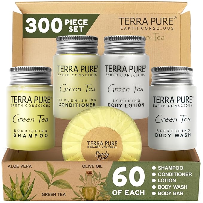 Terra Pure Hotel Soaps & Toiletries Bulk Set | 1-Shoppe Amenities Kit | 1oz Shampoo & Conditioner, Body Wash, Lotion, 1.25oz Bar Soap | Travel Size | 300 Pieces