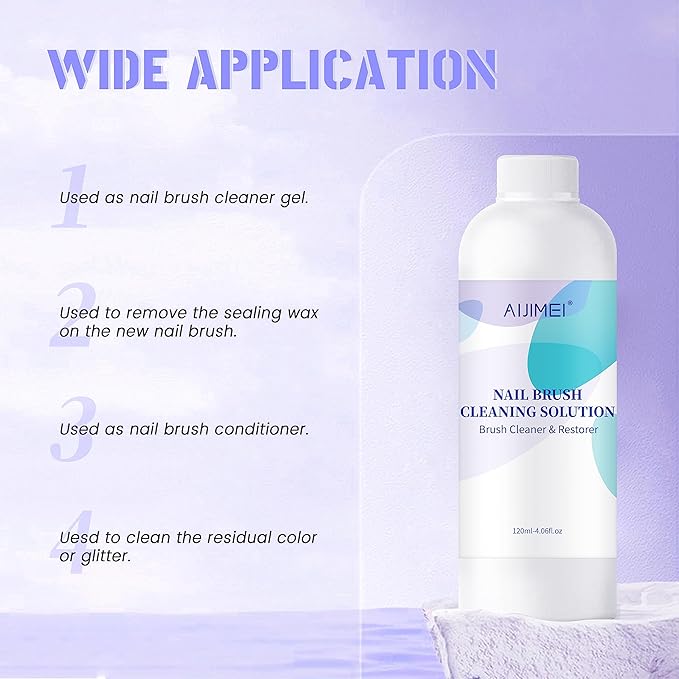 Aijimei Nail Brush Cleaner Restorer Solution Acrylic Nail Brush Cleaner Quickly Clean for Acrylic Nail Brushes, Glitter Gel Nail polish Brushes, Builder Hard Gel Brush (120ML-4.2FL.OZ)