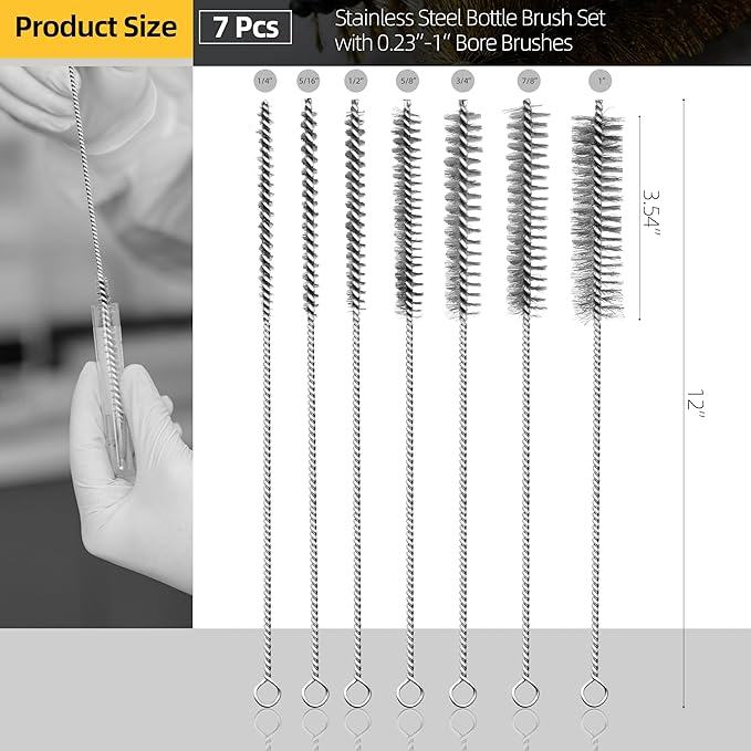 7Pcs Wire Tube Brushes Set,Stainless Steel Bottle Brush ,12" Long Wire Bore Brushes for Deep Cleaning Pipes,Tubes,Narrow Spaces, Engine Parts, Home Brew(1/4"-1" Sizes)