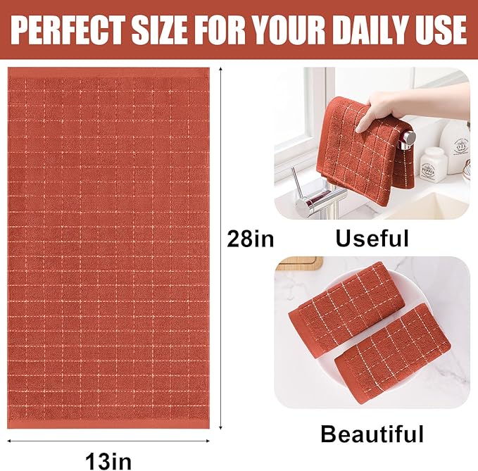 Homaxy 100% Cotton Terry Kitchen Towels(Rust, 13 x 28 inches), Checkered Designed, Soft and Super Absorbent Dish Towels, 6 Pack