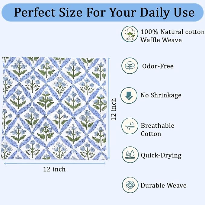 Ridhi Light Steel Blue Hand Block Print Cotton Waffle Dish Cloth Set of 6-12x12 Inch Super Absorbent, Soft, Reusable Kitchen Towels for Dish Drying Cleaning, Ideal for Spring, Easter, Valentine