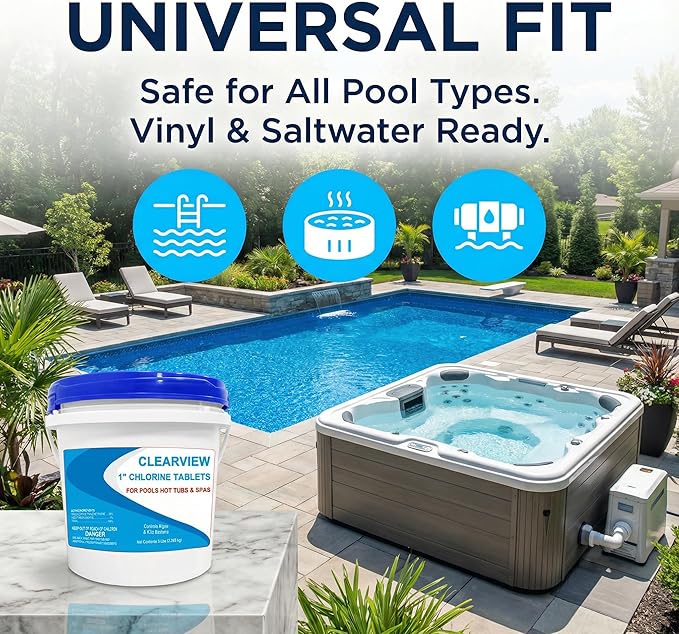 ClearView Chlorine Tablets 1 Inch 5 Lbs for Swimming Pools, Long-Lasting Stabilized 1" Chlorinating Tablets for Spa Hot Tub Chemicals, Pool Chlorinating Sanitizer 90% Available Chlorine